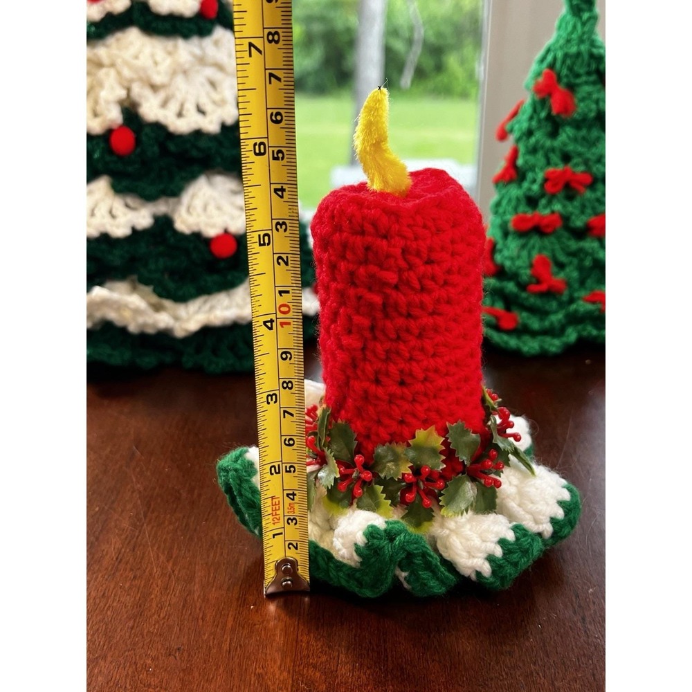 Vintage Crocheted Christmas Trees Green, White, Red Bows And Red Candle Handmade - Picture 4 of 10